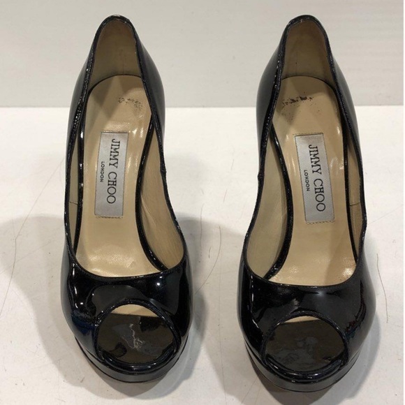 Women’s Jimmy Choo Black Patent Peep-Toe Platform Pumps Heels Size 36